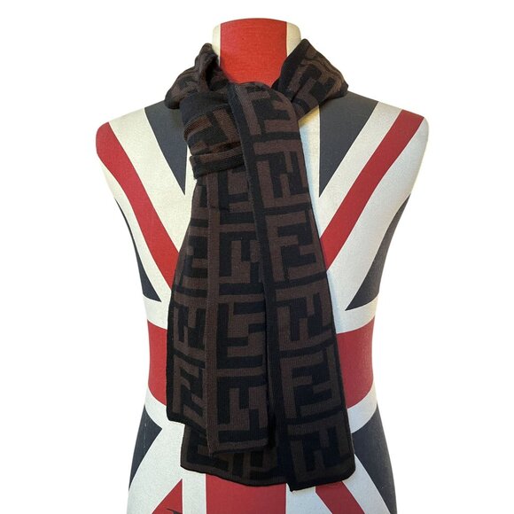 Fendi FF Monogram 100% Wool Scarf Extra Long Signature Logo Brown Like New - Picture 1 of 15